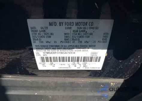 2022 Ford Explorer Limited z USA, uszkodzony, nr VIN 1FMSK8FH1NGA76934